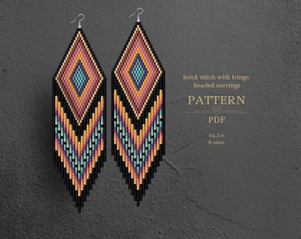 Geometric Beaded Earrings Pattern, Brick Stitch Fringe Earrings, Long Seed Bead Earrings, Miyuki Delica Pattern, PDF Download