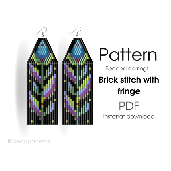 Brick stitch pattern. Beaded earrings with fringe. Floral pattern earrings DIY.  flowers pattern.