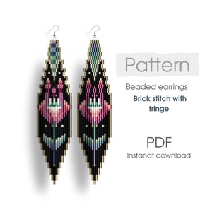 Brick stitch PATTERN with fringe for beaded earrings folk flower, floral earrings DIY, delica beads, pdf