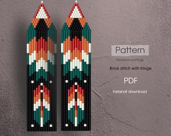 Beaded earrings pattern with native design, brick stitch with fringe, pdf instant download