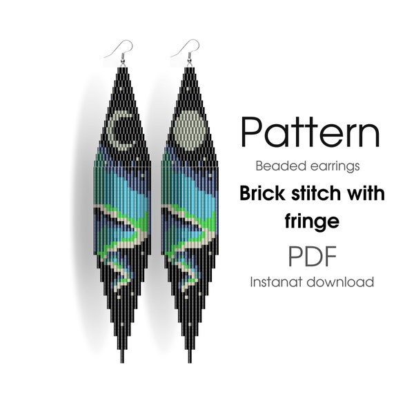 Nothern lights - Beaded earrings pattern - Brick stitch with fringe - Aurora borealis, moon, night sky, PDF, digital downloads