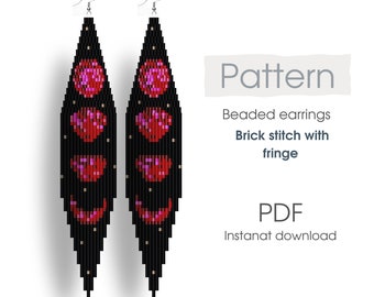 Op de afbeelding: Patroon voor kralen oorbellen met een zwarte achtergrond, rode en roze harten en halve manen. Het patroon is voor steek met franje. De tekst "Pattern", "Beaded earrings", "Brick stitch with fringe", "PDF", en "Instant download" is zichtbaar in de afbeelding.