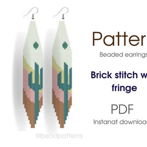 Puede incluir: Un patrón digital para pendientes de cuentas con un diseño de cactus. El patrón es para punto de ladrillo con flecos y está disponible como descarga PDF instantánea. El patrón se llama "Pattern Beaded earrings Brick stitch with fringe PDF Instant download".