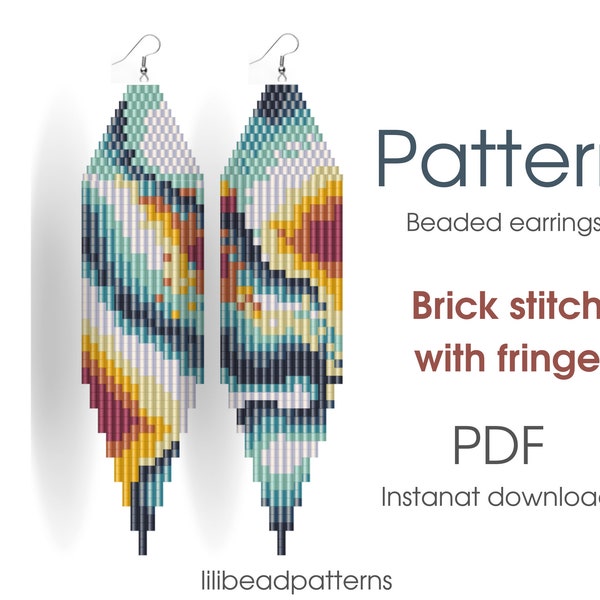 Brick stitch pattern. (16) Beaded earrings with fringe. Sea print earrings DIY. Seed bead pattern. Abstract pattern.