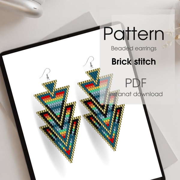 Beadwork pattern, seed bead earrings tribal native style, brick stitch, rainbow shade, PDF