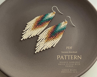 Beaded earrings PATTERN for brick stitch with fringe - Native inspired design - Instant download