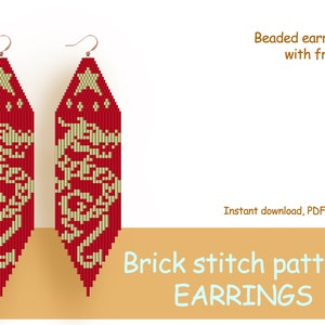 Beaded earrings PATTERN for brick stitch with fringe  - Chinese dragon - Instant download