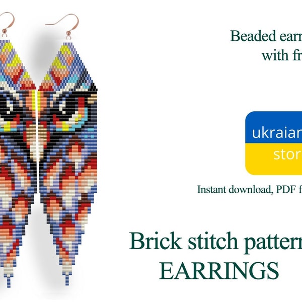 Modèle de boucle d'oreille hibou pour perles - Modèle brick stitch pour boucles d'oreilles avec franges en perles - Modèle de hibou