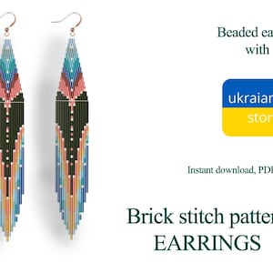 Brick stitch pattern. Beaded earrings with fringe.  Seed bead pattern. Geometric pattern. Rustic pattern.