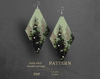 Christmas tree beaded earrings pattern.  Landscape Brick stitch Bead pattern for earrings. Diamond shape earrings pattern PDF.