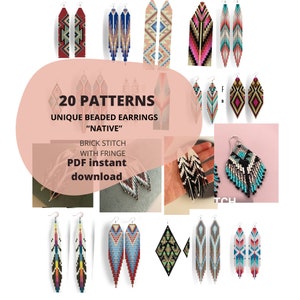 PACCHETTO DI 20 MODELLI, modelli unici di orecchini di perline nativi, punto etnico mattone con frangia, gioielli fai da te, PDF, regalo per artigiani