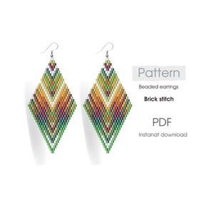 May include: A PDF pattern for beaded earrings in a diamond shape with a green, orange, and white colour scheme. The pattern is for brick stitch and includes the text "Pattern", "Beaded earrings", "Brick stitch", "PDF", and "Instant download".