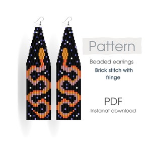 May include: Beaded earrings pattern featuring a snake design in orange, pink, and black colors. The pattern is for brick stitch with fringe and is available as an instant PDF download.