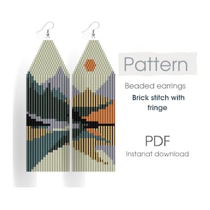 May include: A digital pattern for beaded earrings featuring a geometric mountain and sunset design. The pattern is for brick stitch with fringe and is available as an instant PDF download.