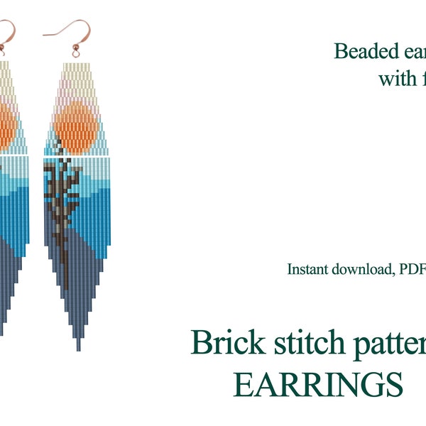 Brick stitch pattern. Beaded earrings with fringe. Mountains print earrings DIY. Seed bead pattern. Mountain pattern.