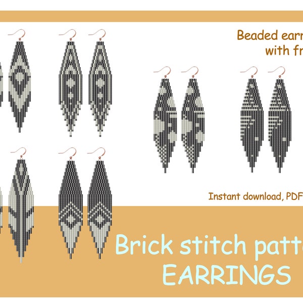 Brick stitch pattern.  Beaded earrings with fringe. Abstract print earrings DIY. Seed bead pattern.Wearable art pattern. Geometric pattern.
