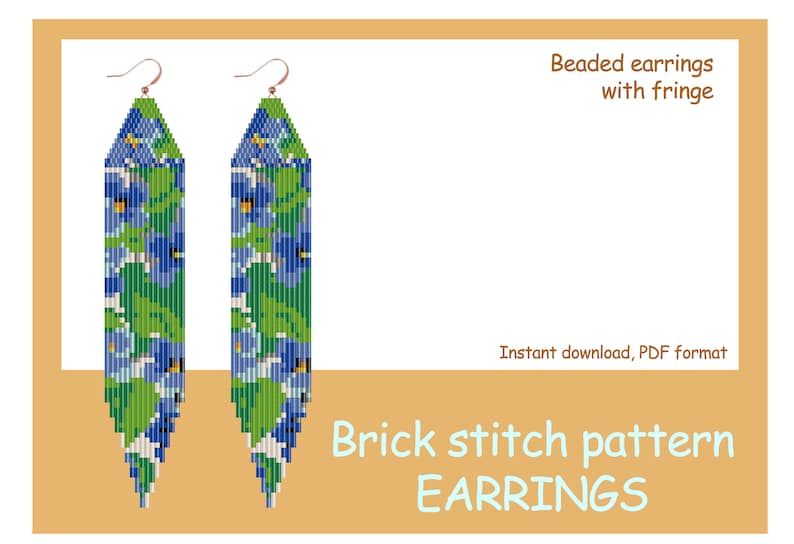 May include: Beaded earrings with fringe, featuring a floral pattern in shades of blue, green, and white. Brick stitch pattern earrings. Instant download, PDF format.