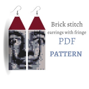May include: A pair of beaded earrings with a brick stitch pattern. The earrings are long and feature a black and white image of a face. The top of the earrings are a burgundy color. The text "Brick stitch earrings with fringe PDF PATTERN" is visible in the image.
