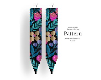 Beaded Earrings Pattern Peyote Stitch with fringe, Floral Design (PDF)