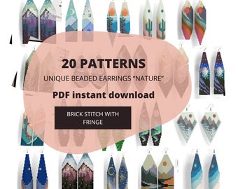 BUNDLE OF 20 PATTERNS, unique beaded earrings patterns Nature, landscape, brick stitch with fringe, diy jewelry, pdf, gift for crafter