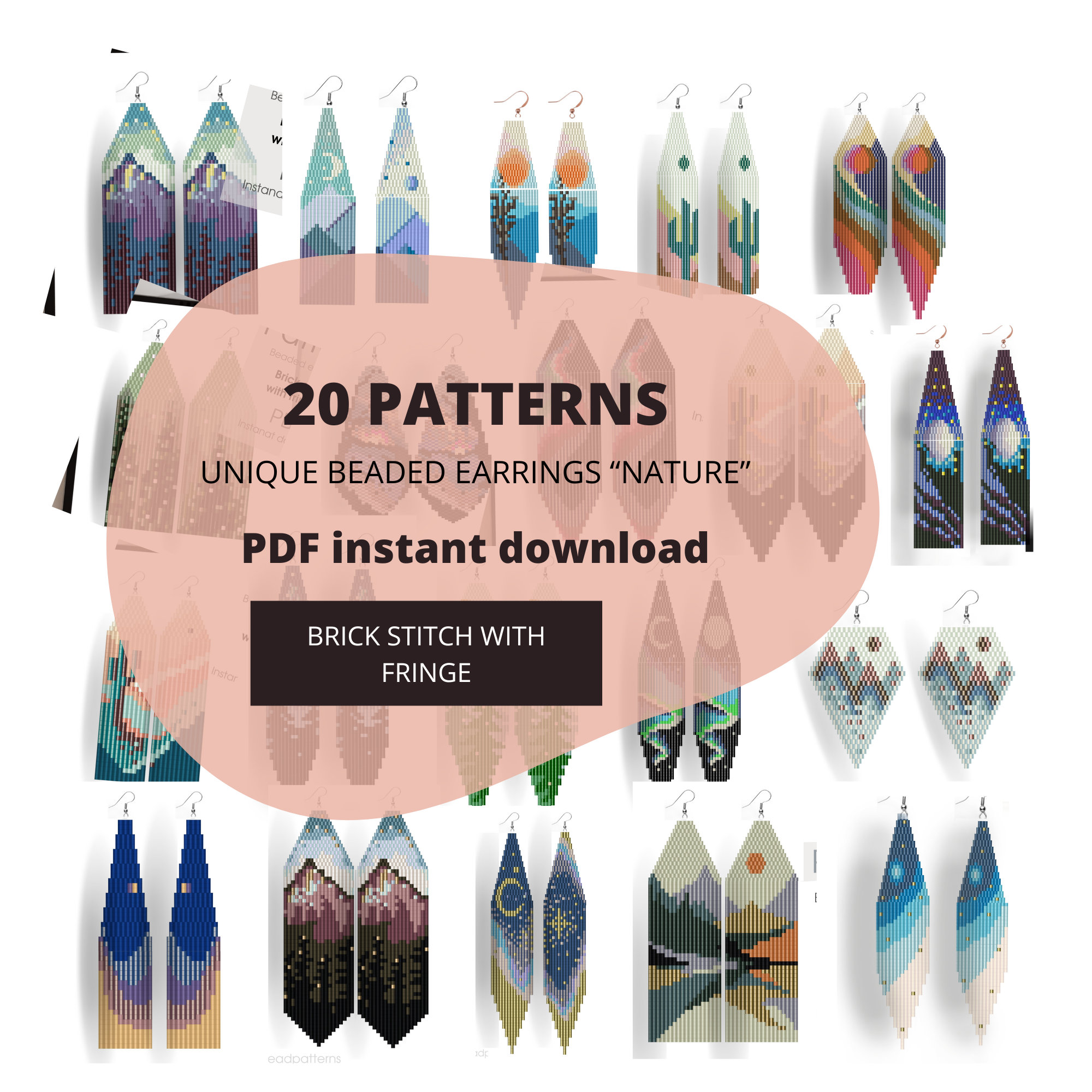 BUNDLE OF 20 PATTERNS, unique beaded earrings patterns Nature, landscape, brick stitch with fringe, diy jewelry, pdf, gift for crafter