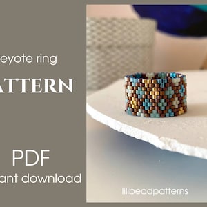 May include: A beaded peyote ring pattern is shown. The ring is a cylinder shape, with a mosaic pattern of brown, gold, and turquoise beads. The text "Peyote ring PATTERN PDF instant download" is displayed.