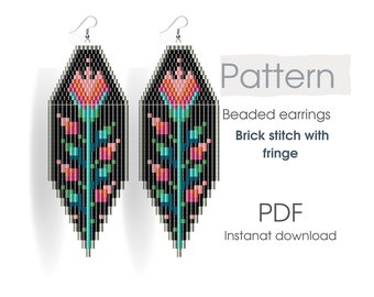 Fringe earrings PATTERN, brick stitch with fringe, DIY bead earrings, PDF, floral, botanic, folk, flower pattern