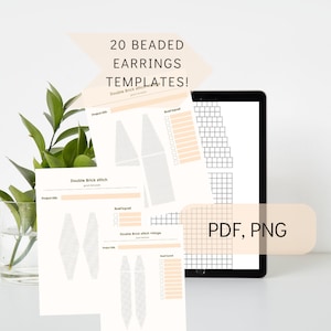 May include: A digital tablet displaying 20 beaded earring templates in PDF and PNG format. The templates feature different designs for earrings using the double brick stitch technique. The text "20 BEADED EARRINGS TEMPLATES!" is displayed at the top of the screen.