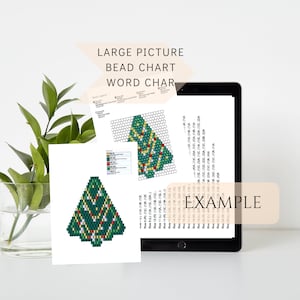 May include: A digital tablet displaying a bead chart for a Christmas tree design. The chart includes a colour legend and a word chart with instructions for each row. The image also shows a smaller version of the finished bead design.