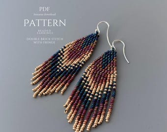 Beaded earrings PATTERN for brick stitch with fringe - Native inspired design - Instant download