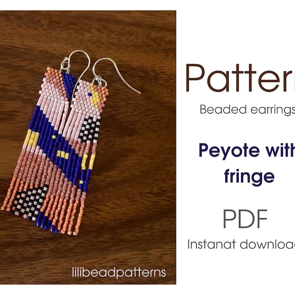 Beaded earrings with fringe PATTERN. Peyote stitch. Abstract print earrings DIY. Seed bead pattern.Wearable art pattern.