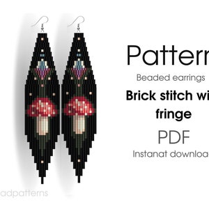 Mashroom Beaded earrings pattern, brick stitch with fringe, witch amanita folk floral night sky native western, DIY earrings