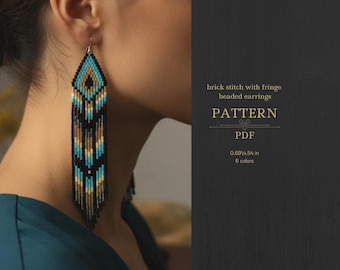 Beaded fringe earrings pattern - black-teal-gold  native design - pdf