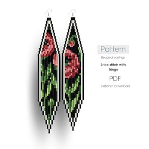 May include: Beaded earrings pattern with a floral design featuring red flowers and green leaves on a black background. The pattern is for brick stitch with fringe. Instant download PDF.
