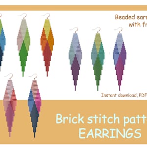 May include: A digital download pattern for beaded earrings with fringe. The pattern is for brick stitch earrings in various colours, including blue, green, red, purple, and pink. The text on the image reads "Beaded earrings with fringe" and "Brick stitch pattern EARRINGS".