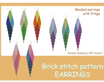 Brick stitch pattern. (21) Beaded earrings with fringe. Geometric print earrings DIY. Seed bead pattern. Leafs earrings pattern.