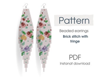 May include: A digital pattern for beaded earrings with a floral design. The pattern is for brick stitch with fringe and is available as an instant download PDF.