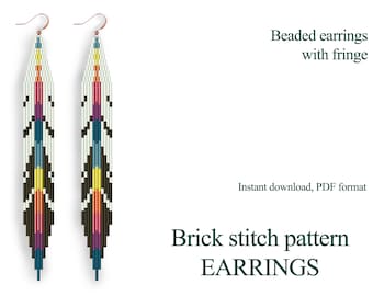 Beaded earrings PATTERN for brick stitch with fringe - Native feather - Instant download