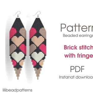 May include: A PDF pattern for beaded earrings with a brick stitch and fringe. The earrings feature a design of hearts in pink, beige, and white on a black background.