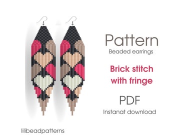 Heart Beaded Earrings Pattern, Brick Stitch with Fringe (PDF Pattern)