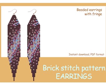 Brick stitch pattern.  Beaded earrings with long fringe. DIY seed bead earrings.