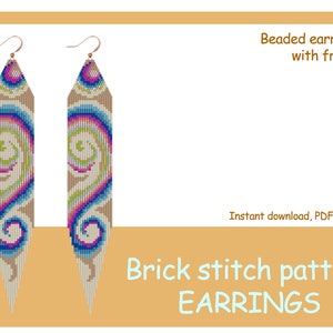 May include: Beaded earrings with fringe, featuring a swirling pattern in shades of blue, pink, green, and white. The earrings are made with brick stitch and have a long, dangling design. Instant download, PDF format. Brick stitch pattern EARRINGS.