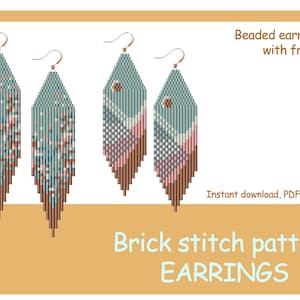 May include: Beaded earrings with fringe in a brick stitch pattern. The earrings are made with brown, pink, white, and blue beads. The earrings are shown on a white background with the text "Beaded earrings with fringe" and "Brick stitch pattern EARRINGS" in a light blue font.