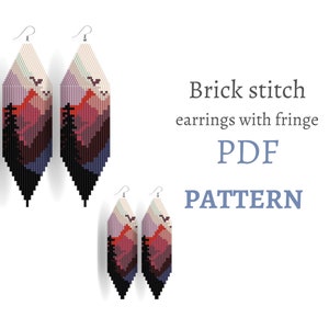 May include: Brick stitch earrings with fringe, featuring a mountain landscape design in shades of red, purple, and black. The earrings have a geometric shape and are displayed with the text "PDF PATTERN".