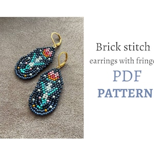 Brick stitch pattern. Beaded earrings with fringe. Floral pattern earrings DIY.  flowers pattern. Folk pattern