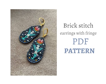 Brick stitch pattern. Beaded earrings with fringe. Floral pattern earrings DIY.  flowers pattern. Folk pattern