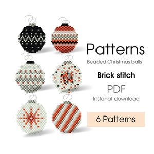 May include: Six beaded Christmas ornament patterns in brick stitch. The patterns are for a black and white ornament, a red and white ornament, a white and red ornament with a snowflake design, a white and red ornament with a star design, a white and red ornament with a polka dot design, and a red and white striped ornament. The patterns are available as an instant PDF download.