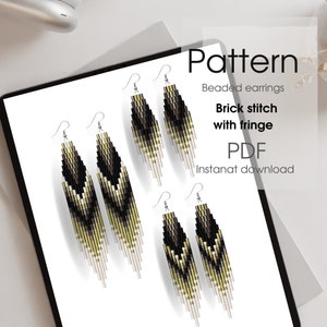 Bead fringe earrings pattern, brick stitch with fringe, PDF set of 3 patterns, black gold ombre pattern
