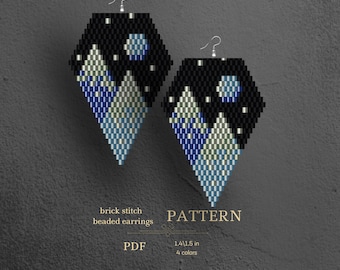 Black Beaded earrings pattern.  Landscape Brick stitch Bead pattern for earrings. Rhombus earrings pattern PDF.