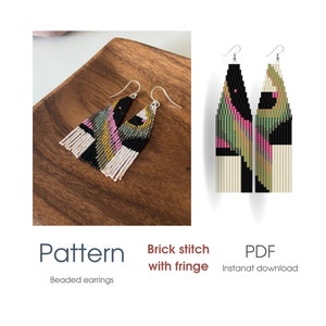 May include: A pattern for beaded earrings with a geometric design in black, white, pink, green, and gold. The pattern is for brick stitch with fringe and is available as an instant PDF download.